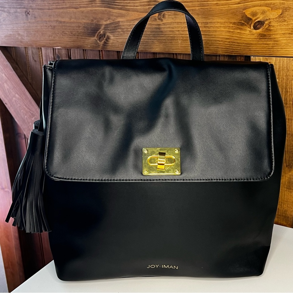 Joy & Iman Tassel Black Leather Backpack with RFID Protection